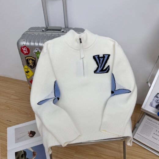 Louis Vuitton Pull Col Zippé Monogram Gris, Blanc et Bleu