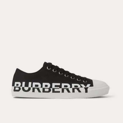 Burberry Baskets basses noires en gabardine de coton bicolore à imprimé logo et finitions en caoutchouc – Noir / 35