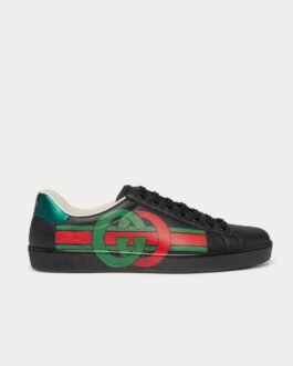 Baskets basses noires en cuir à imprimé logo Gucci Ace
