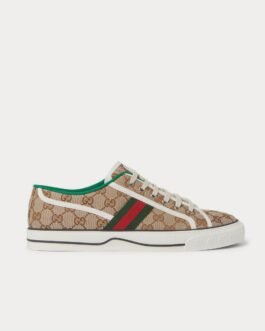 Baskets basses marron en toile jacquard avec logo Gucci Tennis 1977