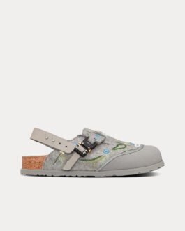 Mules Dior x Birkenstock Tokio Dior en laine feutrée grise brodée de fleurs et cuir de veau nubuck