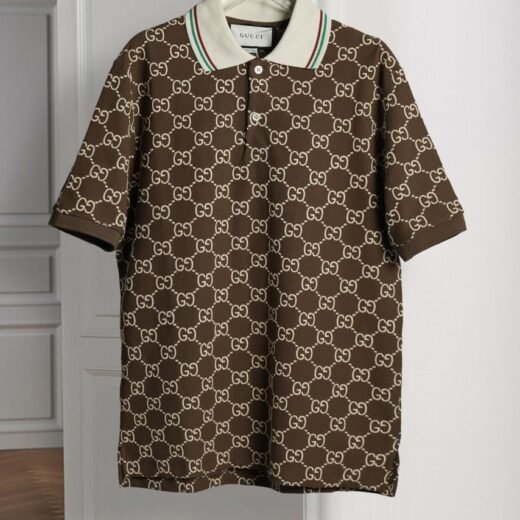 Gucci Polo marron en piqué de soie et de coton à monogramme GG pour homme