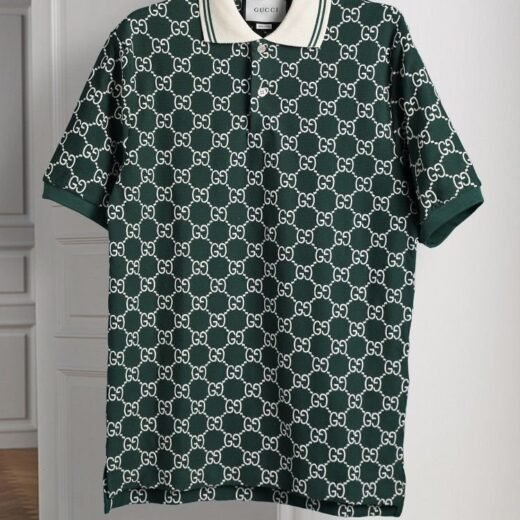 Gucci Polo homme vert en piqué de soie et de coton à monogramme GG