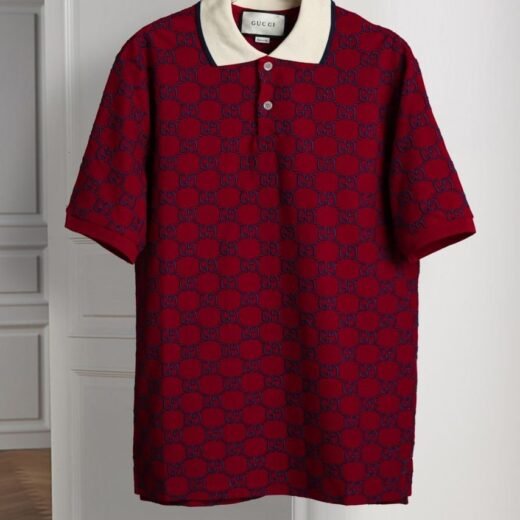 Gucci Polo homme en piqué de soie et coton mélangés bordeaux à monogramme GG