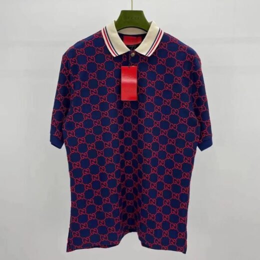 Gucci Polo bleu en piqué de soie et de coton à monogramme GG pour homme