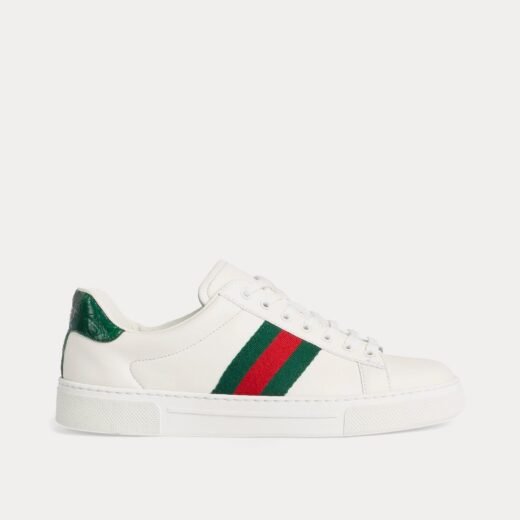 Gucci Baskets basses Ace en cuir blanc/vert/rouge avec bande Web – 35