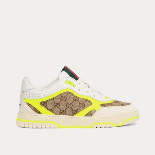 Gucci Baskets basses Re-Web en cuir et toile GG originales blanches/jaunes – 35