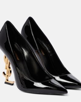 Escarpins YSL Opium en cuir verni noir, talon 11 cm, monogramme doré