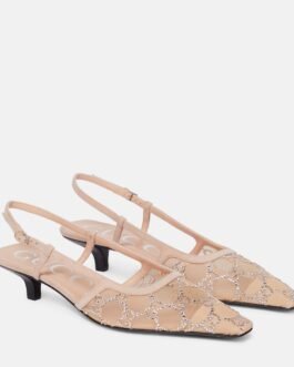 Escarpins Gucci Aria en résille beige avec cristaux GG et talons modernes