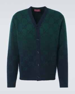 Cardigan Gucci GG – Laine fine bleu et vert à motif emblématique