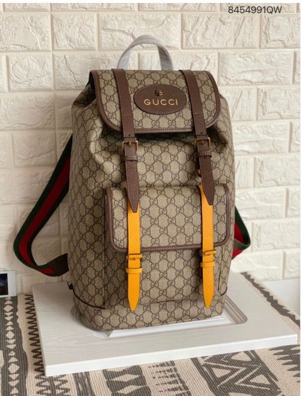 Sac à dos souple Gucci GG Supreme Web Straps Marron Jaune / Noir Jaune
