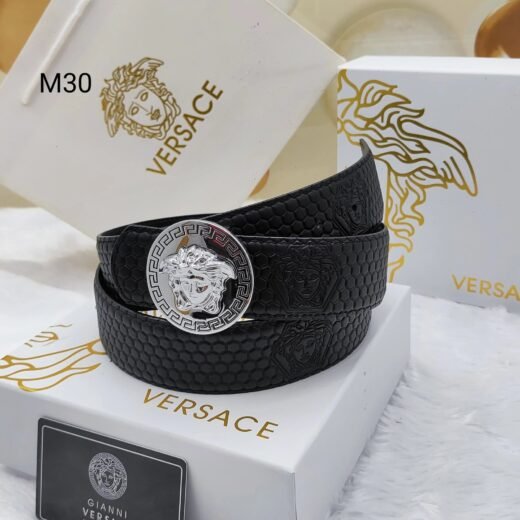 Versace Ceinture en cuir noir gaufré avec boucle Medusa argentée
