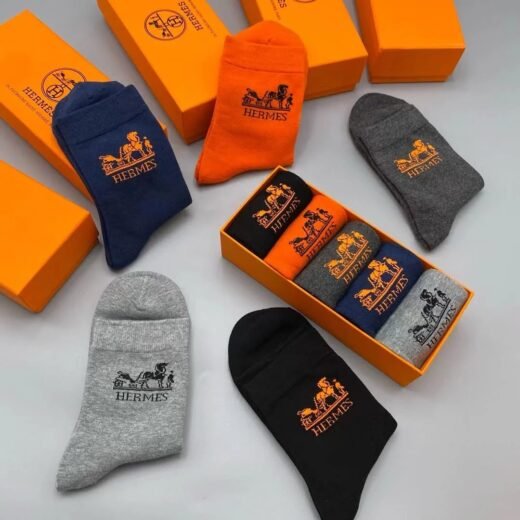 Hermès HERMES Lot de cinq paires de chaussettes unisexes en coton multicolore avec logo H