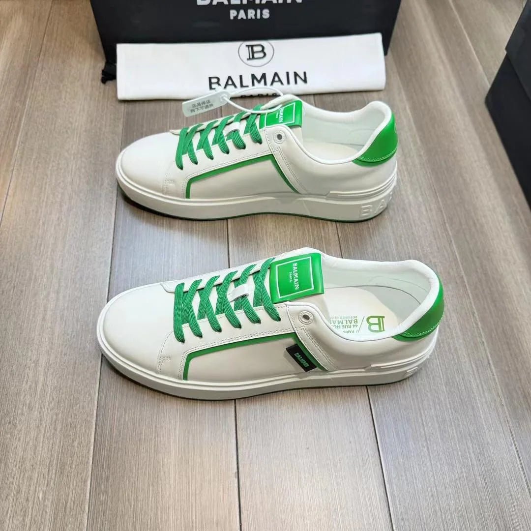 BALMAIN || Baskets B-Court en cuir lisse blanc/vert