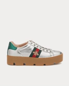 Baskets basses argentées à plateforme en cuir Gucci Ace