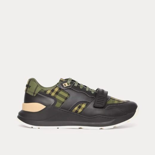 Burberry Baskets basses Ramsey Check en toile de coton et cuir vert militaire