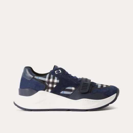 Burberry Baskets basses bleu marine en daim, cuir et carreaux