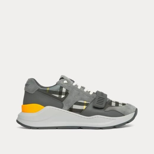 Burberry Baskets basses en daim, cuir et carreaux gris orage