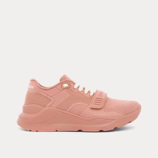 Burberry Baskets basses en nylon extensible tricoté et cuir beige froid – Rose / 35