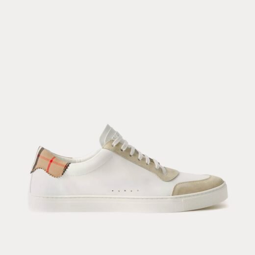 Burberry Baskets basses en cuir, daim et coton à carreaux blanc neutre