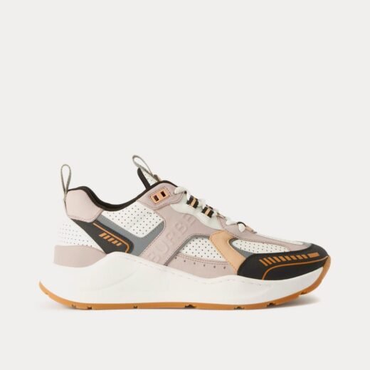 Burberry Baskets basses en cuir et nylon gaufré avec logo , couleur nude pâle, gris et blanc