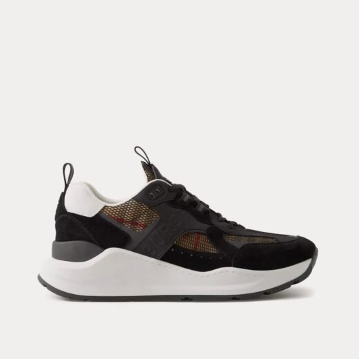 Burberry Baskets basses noires en cuir, daim et mesh avec logo en relief