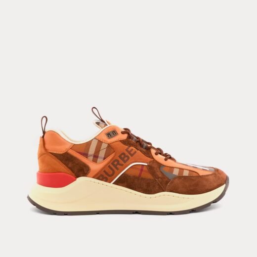 Burberry Baskets basses en daim et à carreaux avec logo marron foncé