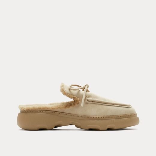 Burberry Mules en daim et peau lainée Stony Clay