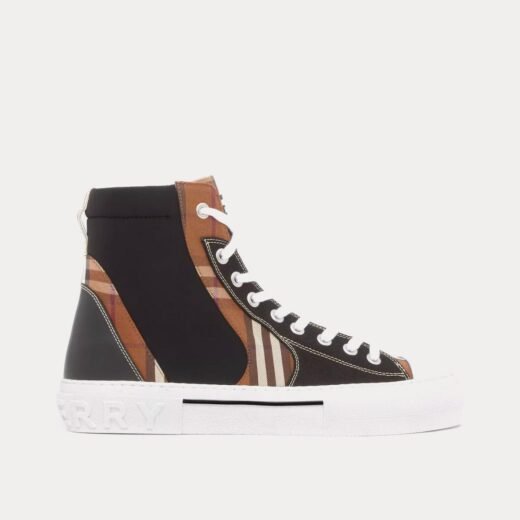 Burberry Baskets montantes Vintage Check en coton et néoprène noir/marron bouleau foncé