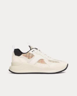 Baskets basses en cuir, daim et maille à carreaux à imprimé logo Burberry, beiges et blanches