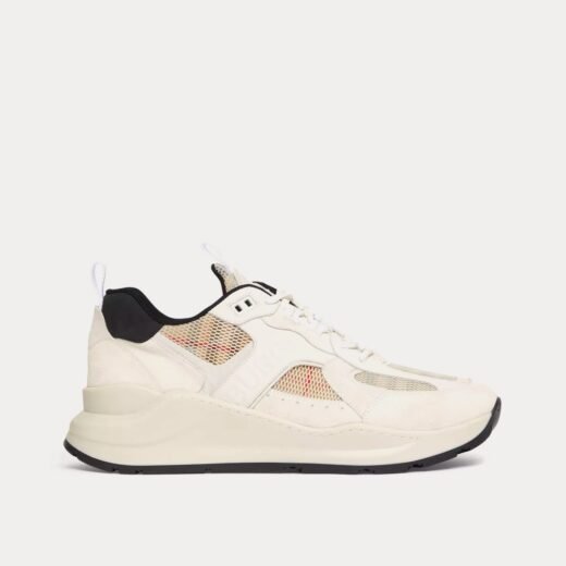 Burberry Baskets basses en cuir, daim et maille à carreaux à imprimé logo , beiges et blanches