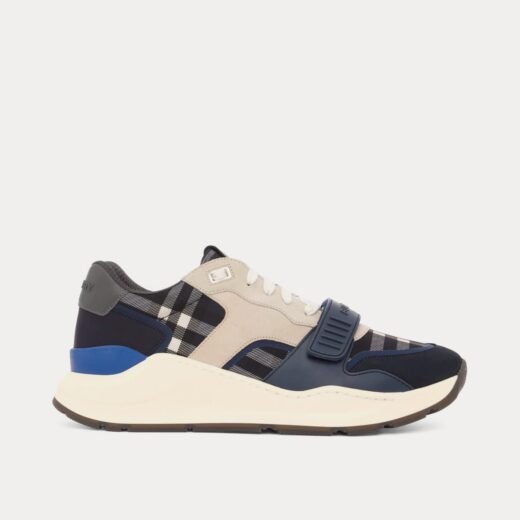 Burberry Baskets basses en nylon, daim et carreaux bleu anthracite foncé