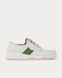 Baskets basses blanches en cuir à rayures et bordures en toile Gucci
