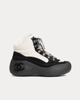 Bottes Chanel en laine et cuir de veau velours ivoire/noir