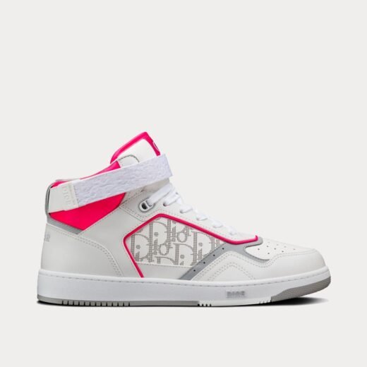 Dior Baskets montantes B27 en cuir de veau lisse blanc et rose fluo avec cuir Dior Oblique Galaxy blanc