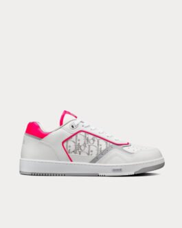 Baskets basses Dior B27 en cuir de veau lisse blanc et rose fluo avec cuir Dior Oblique Galaxy blanc