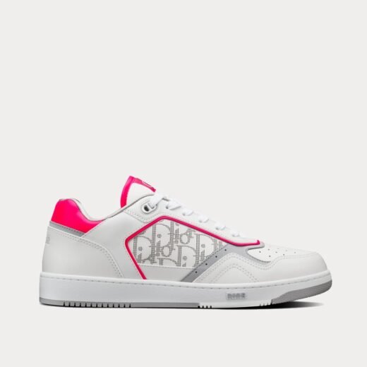 Dior Baskets basses B27 en cuir de veau lisse blanc et rose fluo avec cuir Dior Oblique Galaxy blanc