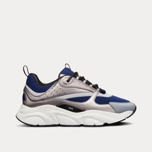 Dior Baskets basses B22 en mesh technique bleu et cuir de veau lisse argenté – 35