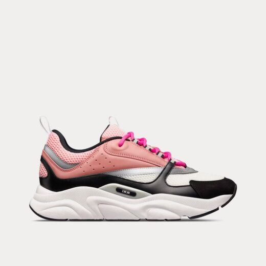 Dior Baskets basses B22 en mesh technique rose et blanc et cuir de veau rose et noir – 35