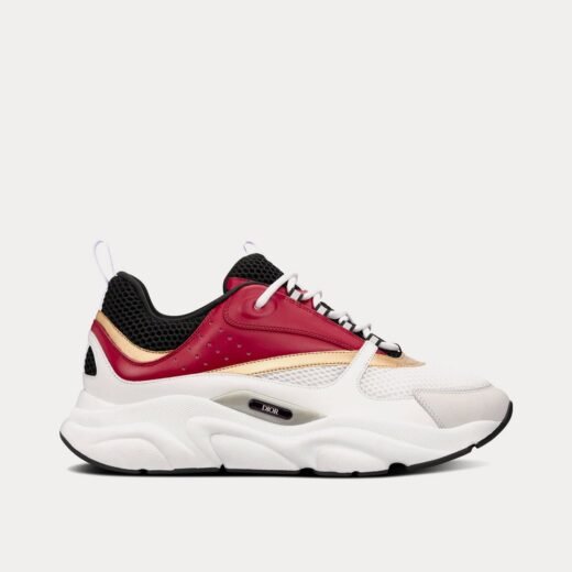 Dior Baskets basses B22 en mesh technique blanc et noir avec cuir de veau bordeaux
