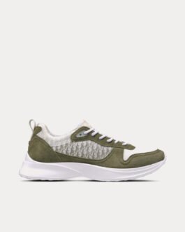 Baskets basses Dior B25 Runner en daim olive et maille technique blanche avec toile Dior Oblique olive et blanche