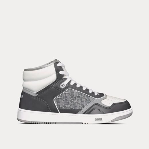 Dior Baskets montantes B27 en cuir de veau lisse gris anthracite et blanc avec jacquard Dior Oblique et fil métallisé ruthénium