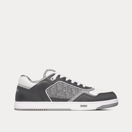 Dior Baskets basses B27 en cuir de veau lisse gris anthracite et blanc avec jacquard Dior Oblique et fil métallisé ruthénium
