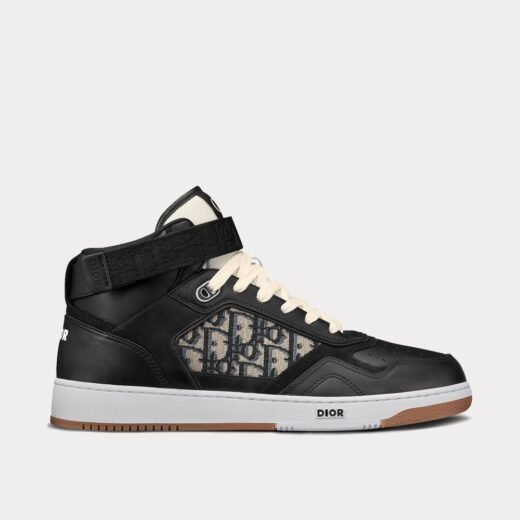 Dior Baskets montantes B27 en cuir de veau lisse noir avec jacquard Dior Oblique beige et noir