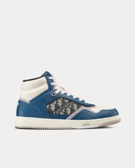 Baskets montantes Dior B27 en cuir de veau lisse bleu, crème et gris Dior avec jacquard Dior Oblique beige et noir