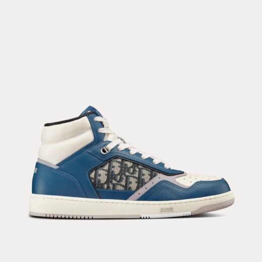 Dior Baskets montantes B27 en cuir de veau lisse bleu, crème et gris Dior avec jacquard Dior Oblique beige et noir