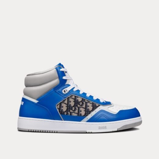 Dior Baskets montantes B27 en cuir de veau lisse bleu, gris et blanc avec jacquard Dior Oblique beige et noir