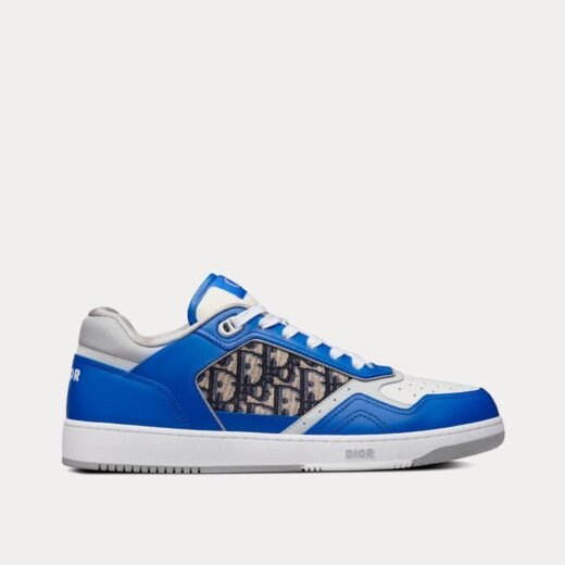 Dior Baskets basses B27 en cuir de veau lisse bleu, gris et blanc avec jacquard Dior Oblique beige et noir
