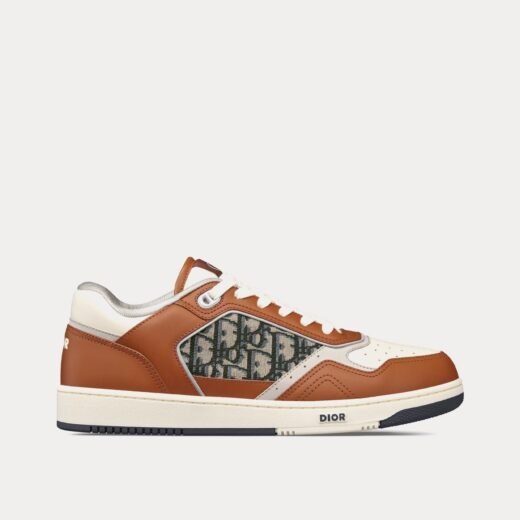 Dior Baskets basses B27 en cuir de veau lisse marron et crème avec jacquard Dior Oblique beige et noir