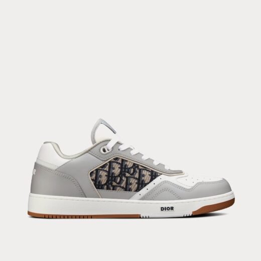 Dior Baskets basses B27 en cuir de veau lisse gris et blanc avec jacquard Dior Oblique beige et noir